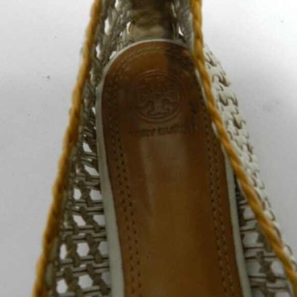 Tory Burch Chelsea Leather Woven Logo flats slides mustard white Size Sz 8.5 - Picture 13 of 13